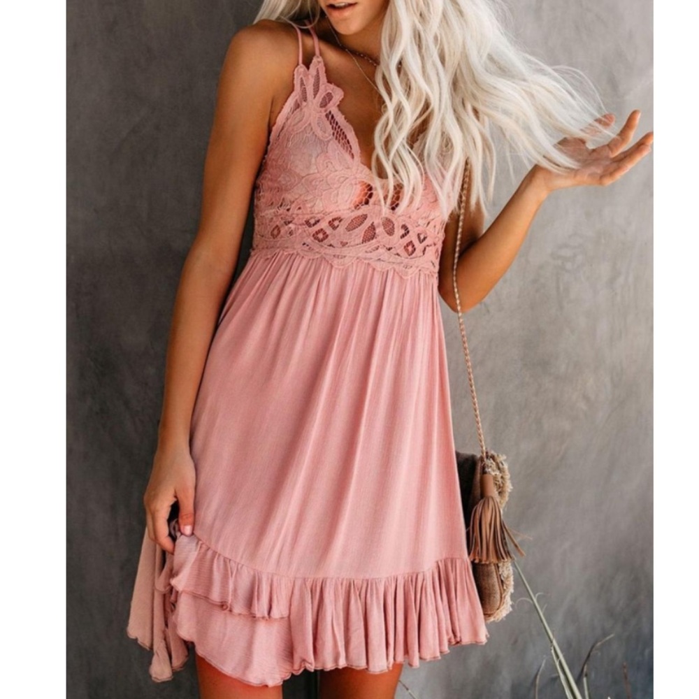 Dusty Rose Crochet Lace Ruffle Dress